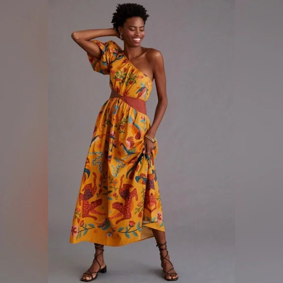 slim fit dress slacks Black Golden Foliage One-Shoulder Maxi Dress – FARM Rio main image 0